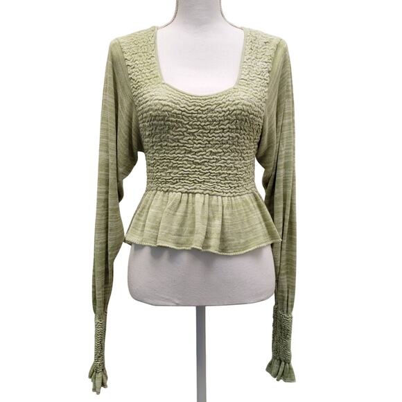 Free People Peplum Top Women's XS Green Free Spirit Long Sleeve Smocked Boho - Picture 1 of 12